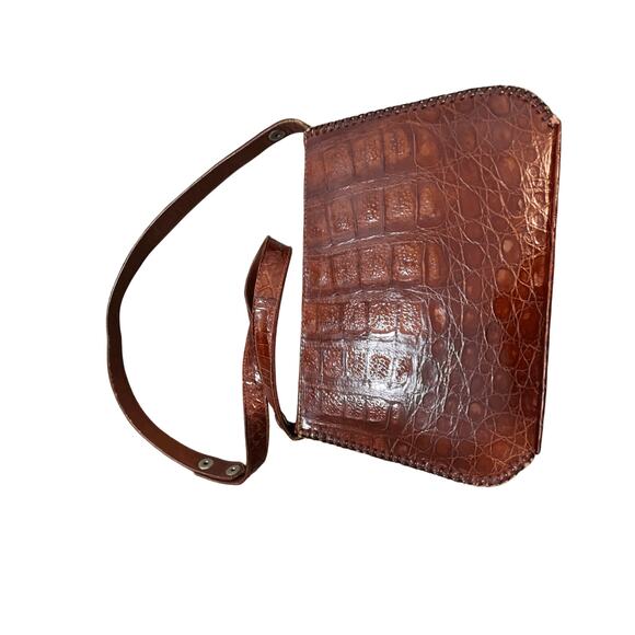 Women's Cuban Alligator Burnt Brown Snap Light Academia Preppy Minimal Crossbody - Picture 9 of 13
